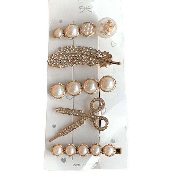 Set of 5 Pearl and Rhinestone Hair Clips - Starfish Scissors Feather Design - Picture 3 of 12